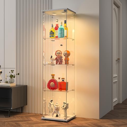 BPKADHY Vitrina de Cristal,164x42.5x36.5cm,Vitrina Expositora para Colecciones con 4 Estantes de LED 1 Puerta con Cerradura,Gabinetes de Vidrio para Salón Dormitorio,Pasillo,Vitrina Cristal,Blanco