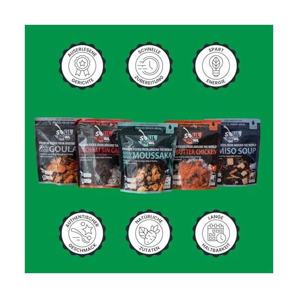 Soul Worldwide Bundle - Feinkost Gerichte - 5 Mahlzeiten - gefriergetrocknet - authentischer Geschmack - schnelle Zubereitung - Camping Nahrung - Outdoor Nahrung - Notfall Nahrung - lange haltbar – Bild 6