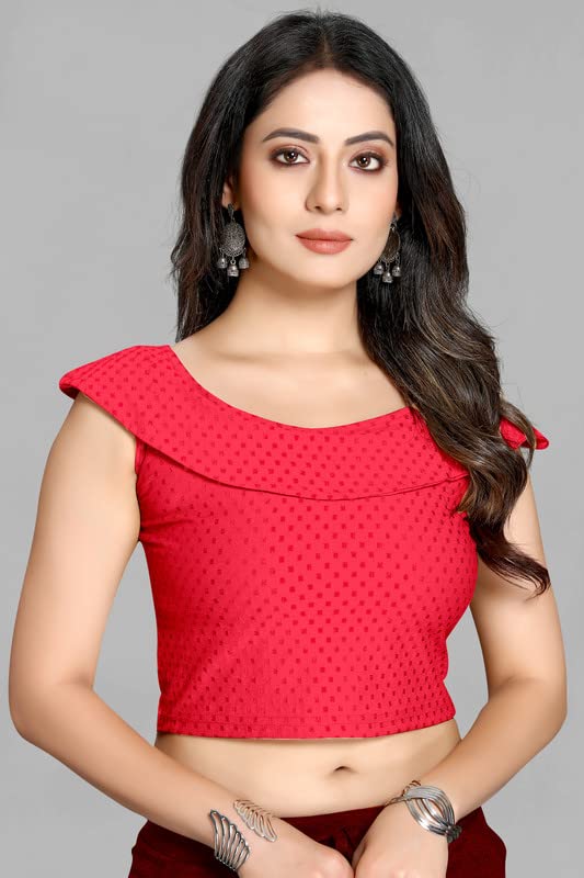 Image of Cotton Lycra Stretchable Off Sholder Short Sleeves Saree Blouse Readymade Crop Top Choli for Girls and Womens