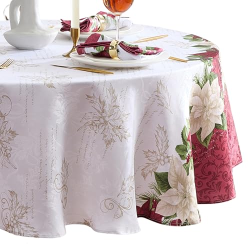 Threadmade Clarette Poinsettia Holiday Fabric Tablecloth, Rose - 70" W x 70" L Round