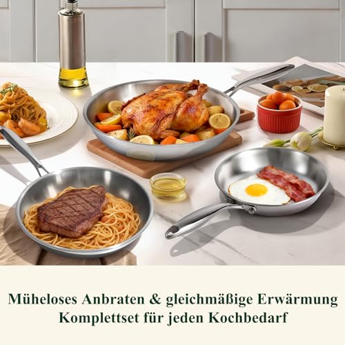 Terlulu Dreilagige Edelstahl-Bratpfannen-Set 20/26/30 cm – Edelstahlpfanne unbeschichtet & Induktionspfanne, PTFE/PFAS/PFOA-frei, Für Alle Herdarten, Schnellwärmend, Backofenfest & Spülmaschinenfest