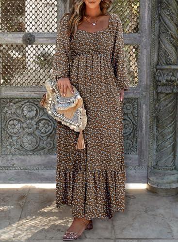 Dokotoo Fall Dresses for Women 2025 Boho Floral Smocked Empire Waist Square Neck Long Sleeve Button Beach Maxi Dress Sundress3