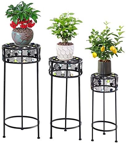 Giantex Set of 3 Metal Plant Stand, 3 Pieces Flower Pot Holder Rack with Ceramic Beads Design, Irons Planter Supports Display End Table for Home Patio Garden (Round)
