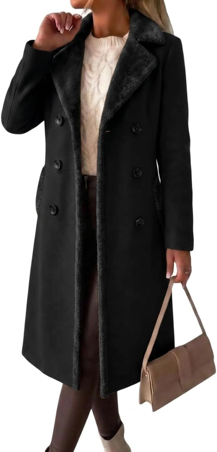idealsanxun Fur Collar Wool Coats for Women Double Breasted Long Peacoat Jackets-picture-19