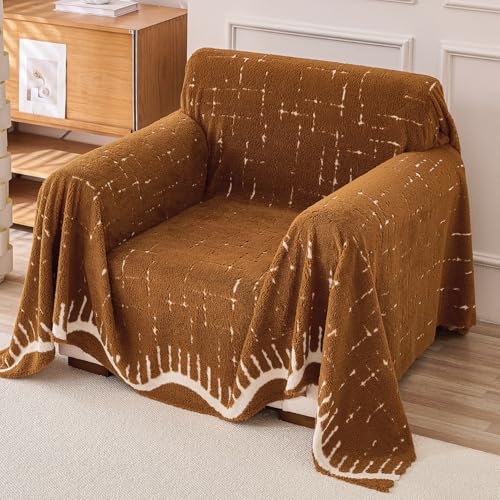 Image of HOKIPO Soft Plush Sofa Throw for 1 Seater Sofa - Luxury All-Season Sofa Cover for Complete Protection, 'Supple Soft Wavy' Brown (180x180 cm) (AR-6525-BRN)