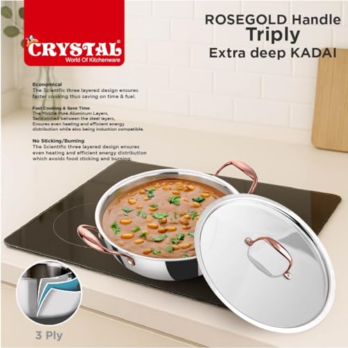Image of Crystal TriPro -Triply Stainless Steel Extra Deep Kadai with Lid - 28 cm (Induction Bottom), with Rose Gold Handle (CTP-EDK-004A)