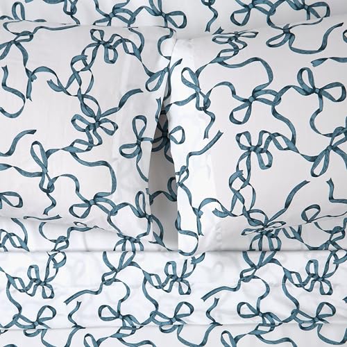 TRULY SOFT Printed Bow White/Blue 3 Piece Twin XL Sheet Set by TRULY SOFT - Used condition - Image 4