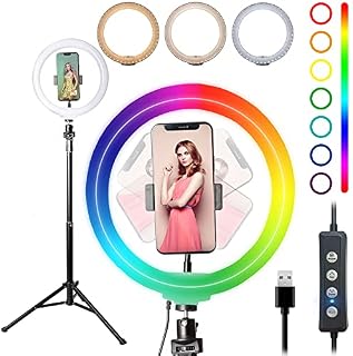 Starbea Lampa pierścieniowa do selfie 25 cm ze statywem i uchwytem na telefon, oświetlenie fotograficzne LED, okrąg, pierścień, RGB, lampa do makijażu, YouTube, Tiktok, (RGB)