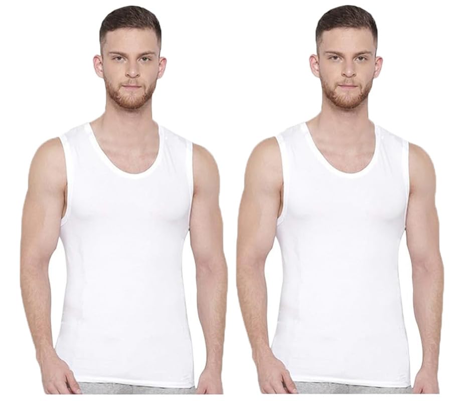 Men's Cotton Broad Shoulder Sleeveless Low Neck White Vest Pack of 2-3XL-image-39