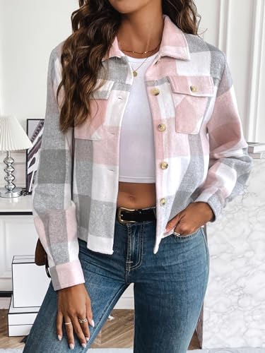 Zeagoo Flannels for Women Cropped Shacket Jacket Fashion Plaid Button Down Shirt 2026 Fall Coat Tops - Image 4