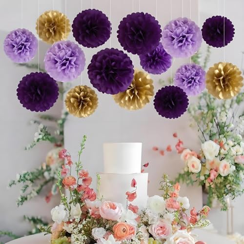 Image of XIKSXITN 12 pc Purple Gold Paper Pom Poms - Hanging Paper Flowers for Party Decoration (10&12 inch)