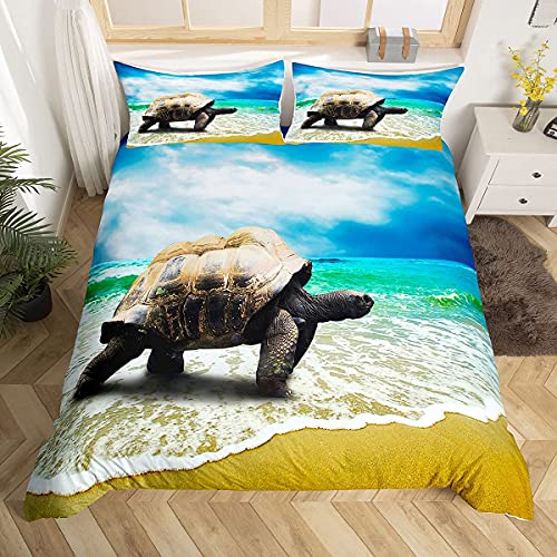 Loussiesd Sea Turtle Duvet Cover Set For Kids Child Boys Bedroom Gift 3D Reptile Printed Comforter Cover Ocean Marine Themed Bedding Set Sethawaiian Summer Tortoise Design Decor 2 Pcs Single Size