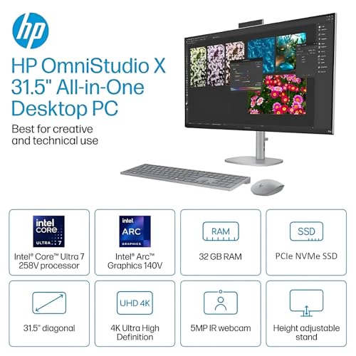 Image of HP. OmniStudio X Copilot+ PC - 31.5 inch 4K UHD All-in-One Desktop - Intel Core Ultra 7 258V up to 4.8 GHz, 32GB DDR5 RAM, 4TB NVMe SSD, Intel Arc Graphics 140V, Wireless Keyboard & Mouse, Windows 11 Pro