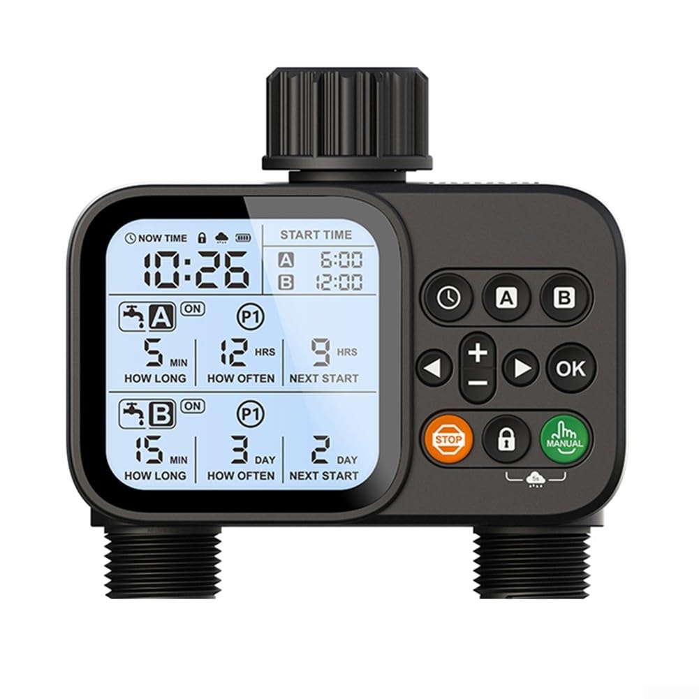 Per timer di irrigazione per prato Programmatore rubinetto esterno doppia uscita regolatore di irrigazione automatico 2 per zona timer tubo da giardino con sostituzione manuale