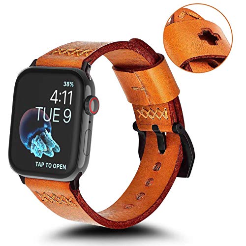 KADES Replacement Band Compatible for Apple Watch Series 4 44mm & Series 3/2/1 42mm [Retro Top Grain Genuine Leather]- Russet Orange Band + Black Hardware