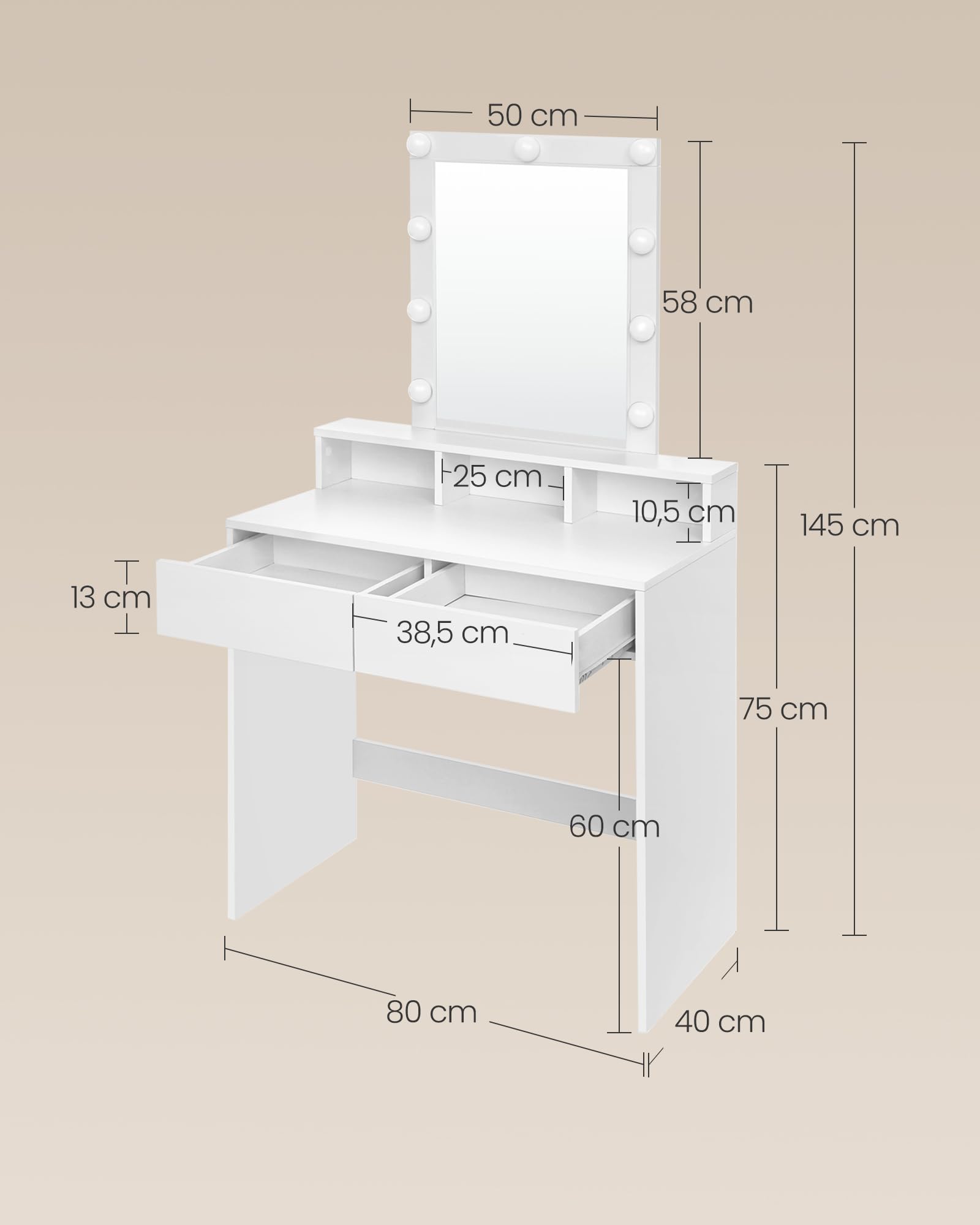 VASAGLE KAILYN Collezione - Toeletta, Luce LED Regolabile a 3 Colori, Tavolo da Trucco con Specchio, 2 Cassetti e 3 Scomparti, Postazione Trucco, Moderno, Bianco RDT114WB01