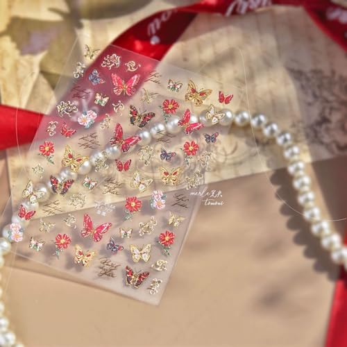 Image of NBNTGH Nail Stickers Flower Nail Stickers - Gold Trim Sparkle Self Adhesive Nail Decals with Handwritten Lettering for Luxury Manicure DIY Decoration (1 Sheet)