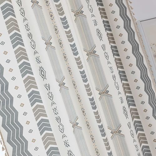Image of Gray Geometric Curtains 102 Inches Long, Boho Farmhouse Light Filtering Rod Pocket Drapes with Tassel Trim for Bedroom Living Room, 2 Panels