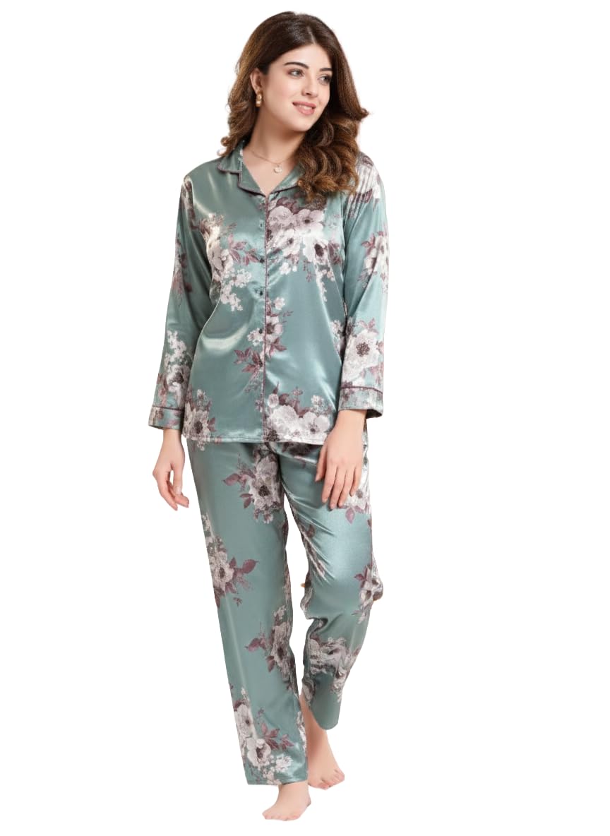 kattly Women's Pyjama Set, Satin Night Suit, Long Sleeve Shirt with Matching Pants-picture-31