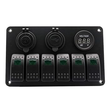 Trendy Retail 6 Gang Green Led Rocker Switch Voltmeter Dual Usb Cigarette Lighter Panel
