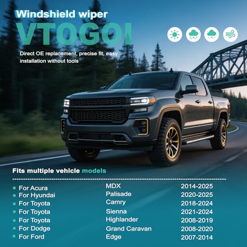 Image of VTOGOI OEM Quality 26''+20'' Windshield Wiper Blades,Premium All-Seasons J-Hook Replacement Wiper Blades (2 Pack)