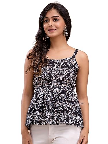 Image of feranoid Women Cotton Printed Sleeveless Strap Peplum Top