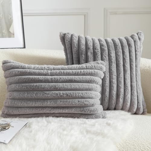 Mandioo Pack of 2 Decorative Cushion Covers 30cm x 50cm Faux Fur Striped Plush Soft Throw Pillow Covers Pillow Cases Bedroom Living Room Sofa Home 12x20 Inch Grey - Cosy Home Interiors Mandioo Pack of 2 Decorative Cushion Covers 30cm x 50cm Faux Fur Striped Plush Soft Throw Pillow Covers Pillow Cases Bedroom Living Room Sofa Home 12x20 Inch Grey - Image 4