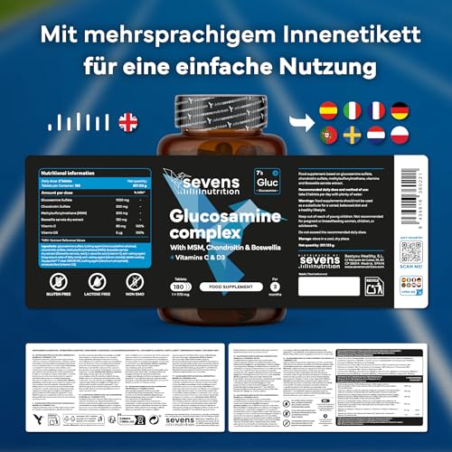 Glucosamin, Chondroitin und MSM – Nahrungsergänzung für Gelenke, Knorpel und Knochen – 180 Kapseln Hochdosiert – Mit Boswellia und den Vitaminen C und D3 – Sevens Nutrition
