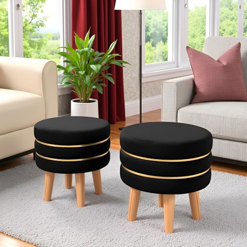 Image of NACIA Velvet Upholstered Ottoman Stool with Wooden Legs | Round Pouffe Footrest Seat for Living Room Bedroom Balcony | Compact Foot Stool for Sitting Home Decor Furniture, 18 Inch (Black, Set of 2)