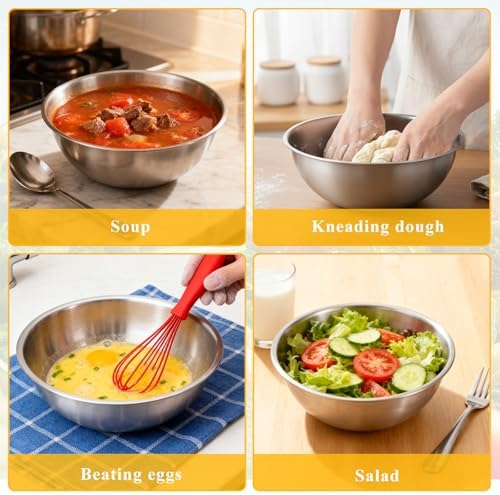 3 Packs Stainless Steel Mixing Bowls with Measurement Marks, Thicker Stainless Steel Flat Bottom Mixing Bowls Set, Stackable Salad Bowl for Cooking, Baking, Salad, Vegetables - Thumbnail 4