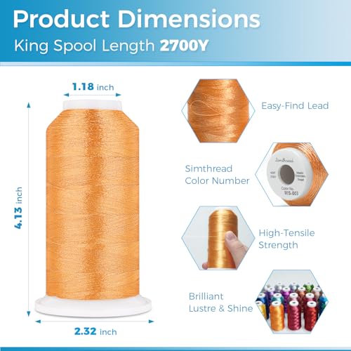 Image of Simthread 2700 Yards Metallic Embroidery Machine Thread - Pumpkin MS-003, 40wt High-Sheen King Spool, Smooth Running & Break Resistant for Commercial & Home Embroidery Machines