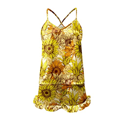 Women Casual Sleepwear Set Floral Printed V Neck Set Camisole Top Ruffle Short Warm Pajamas For Women Winter Yellow #TOP6
