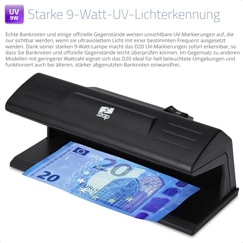 The ZZap D20 – Falschgeld Prüfer – UV-Erkennung mit einer 9-Watt-Long-Life-Glühbirne, ideal zum Überprüfen von Währung, offiziellen Artikeln und mehr