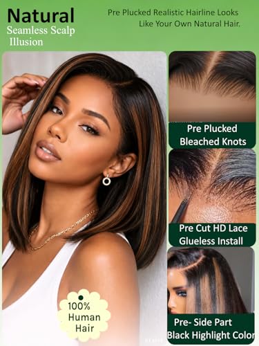 Image of KLAIYI Bye Bye Slip Side Part Golden Brown Highlight Yaki Straight Bob Wig Human Hair Glueless Ombre Precut 7x5HD Lace Front Wigs Drawstring Pre Plucked Bleached Knots 30S Ready to Wear and Go 12Inch