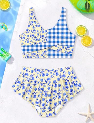 Image of Qaoerde Girls Swimsuit Tropical Print Bikini Set with Ruffle Hem Two Piece Criss Cross Bathing Suits for Girls 7-16 Years