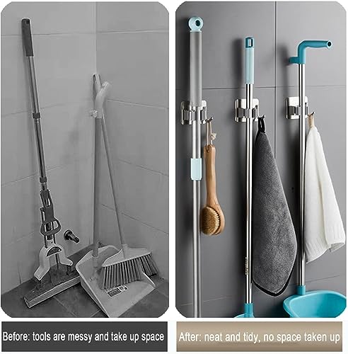 Image of Enclave Stainless Steel Mop and Broom Holder Wall Mounted Adhesive Storage Solutions for Broom mop etc, Garage Storage Systems Broom Organizer. (1 RACK 1 HOOK /SILVER, PACK OF 4)