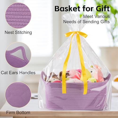 Image of OIAHOMY Woven Basket, Gift Basket Empty with Gift Bags and Ribbons, Rope Baskets for Baby Showers, Storage Baskets with Handles for Nursery, Pet Toy Organizer - Lilac Purple