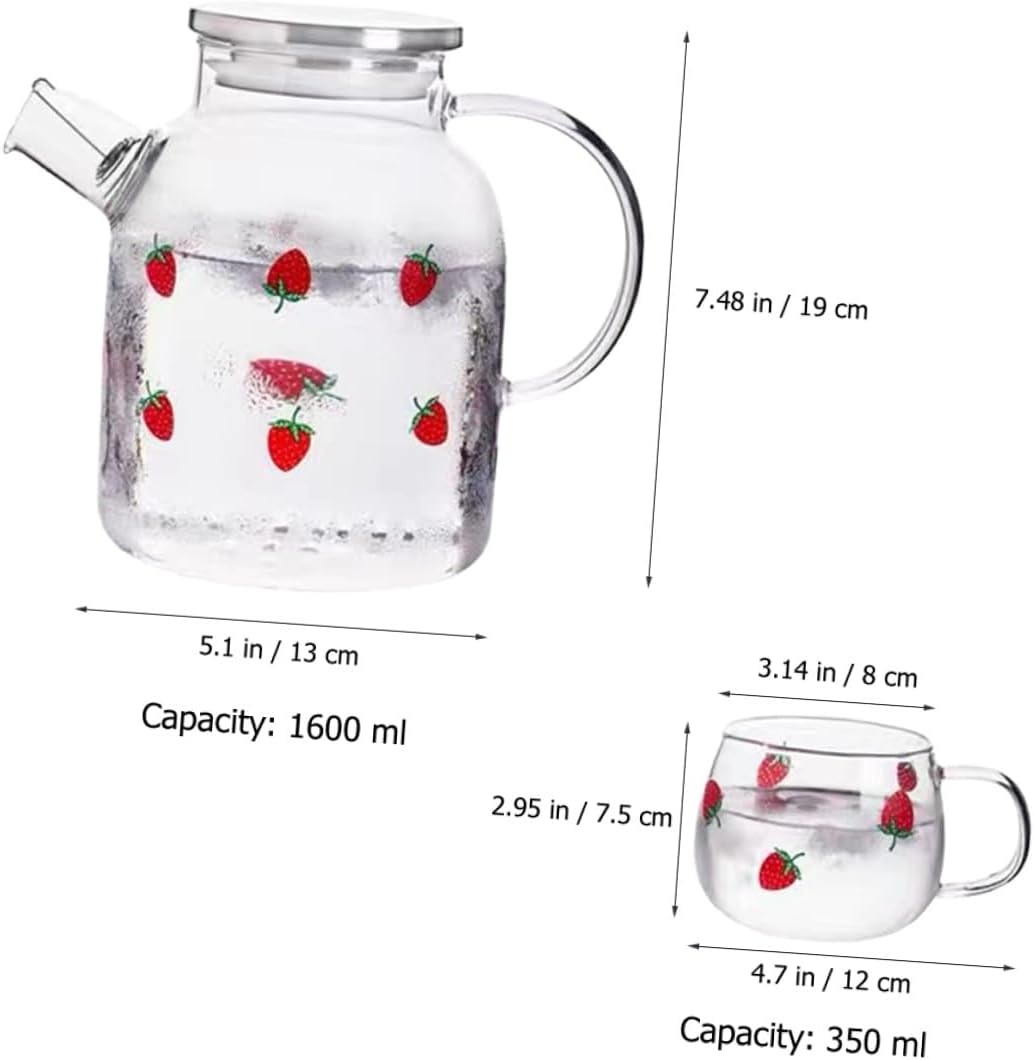 BESPORTBLE Strawberry Glass Water Pitcher and Cup Set 1.6l High Borosilicate Cold Water Carafe Large Capacity Juice and Beverage Glass Kettle for Home and Office Use