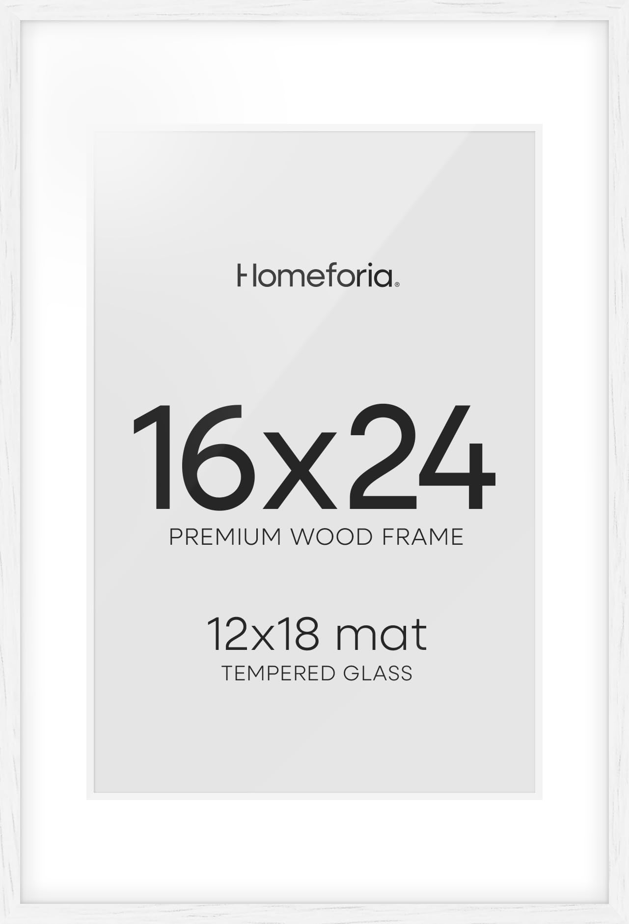 Homeforia 16x24 Frame White, Premium White Oak Picture Frame 16 x 24 with 12x18 Mat, 24x16 White Wood Photo Frame for Wall, Tempered Glass, Wall Hook Included, Set of 1