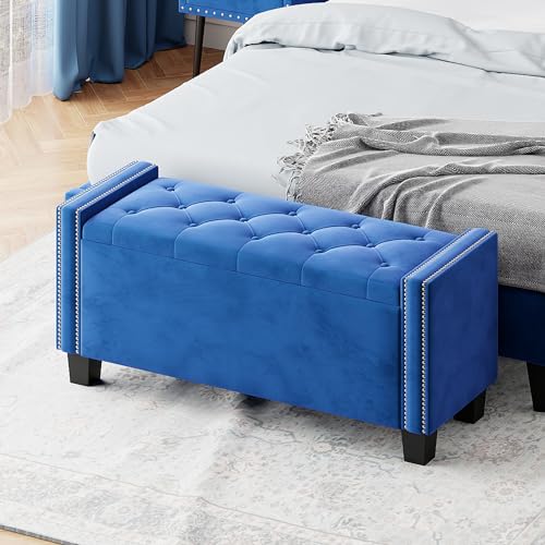 Banc de rangement en velours rembourré avec design clouté et boutons touffetés