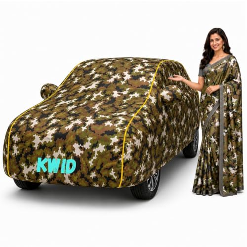 Image of Waterproof Car Body Cover for Kwid All Weather Protection Comes with Inner Cotton Lining & Triple Stitched with Mirror & Antenna Pocket Belt & Elastic Fit Army with Yellow Piping