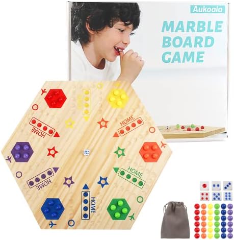 Aukoala Marble Board Game Wooden, Wahoo Board Game Double Sided Painted, Fast Track Board Games for 6 and 4 Players, Games Board Set Include 6 Colors 36 Marbles 6 Dice for Adults Kids Family Game