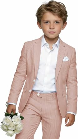Kids Seersucker Suit Lightweight Striped Formal Homecoming Wedding Ring Bearer Outfits 2 Piece Suits for Boys