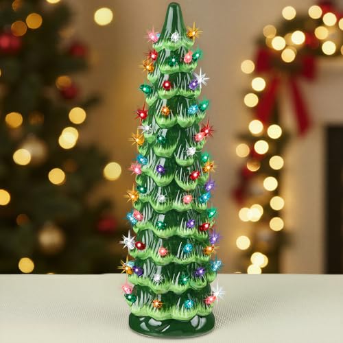 Best Choice Products Ceramic Christmas Tree, 15in Pre-Lit Hand-Painted Tabletop Holiday Decoration w/Multicolor Bulbs, LED Lights – Green