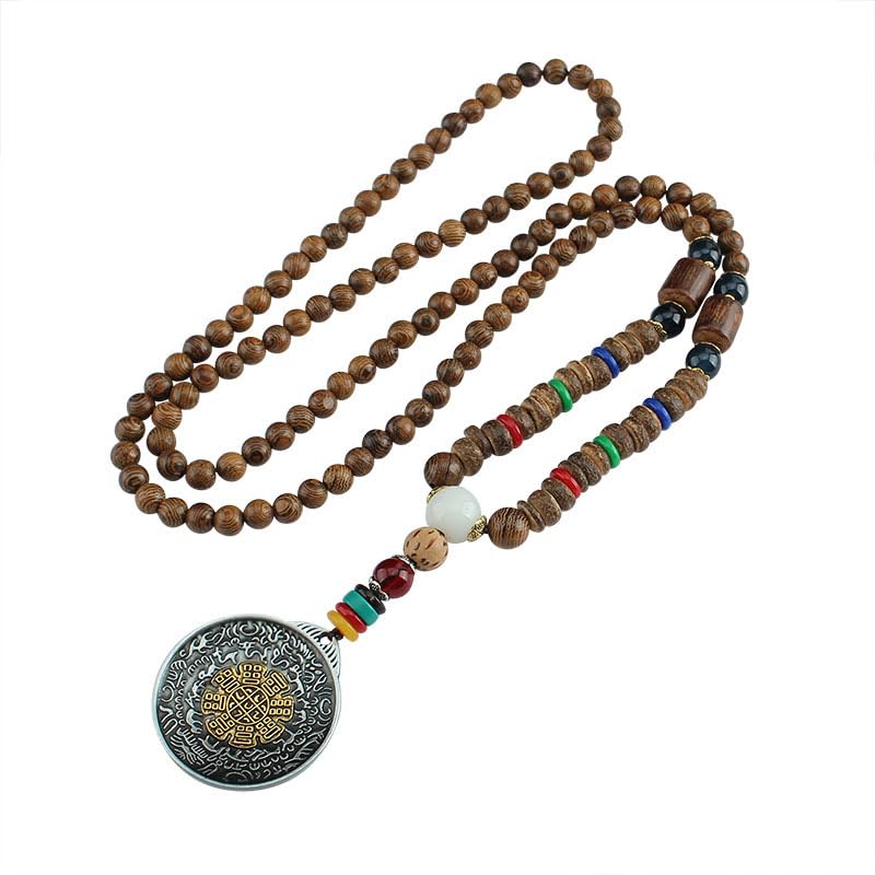 Sautoir Mantra Vajra avec perles en bois artisanales de style rétro