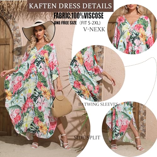 Kaftan Dresses,Colorful Floral Print Cover Ups Maxi Beach Cover Ups Vneck Batwing Sleeve for Women's Swimwear4