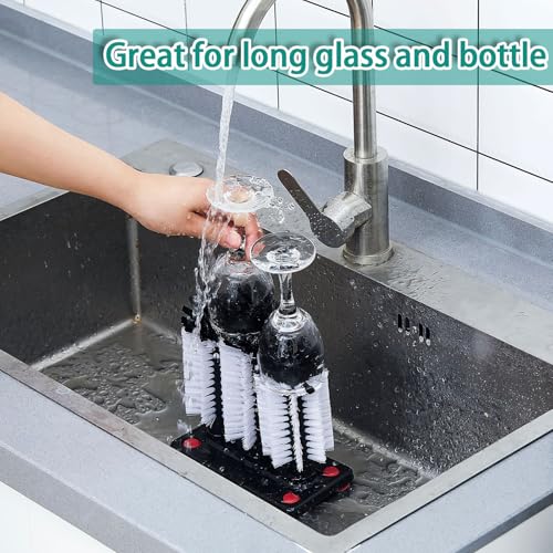 Image of Havawish 4 Pack Water Bottle Cleaning Brush with Suction Base, 3 Head Bristle Bar Glass Washer for Sink, Washer Brush Cleaner for Bar Beer Cup, Wine Glass, Long Leg Cup Kitchen Tools