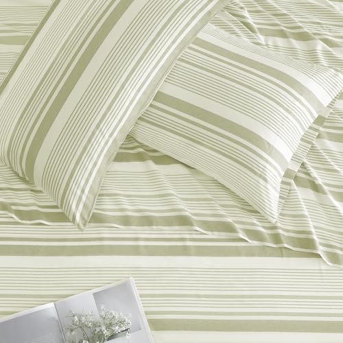 Image of ClevaHome Twin Sheets Set - 3 Pieces Fitted Bed Sheet Set, Sage Stripe | 16 inch Deep Pocket, Super Soft & Breathable, Enhanced Comfort & Easy Care, Classic Stripe Sheet Set