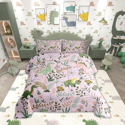 Castle Fairy Cute Dino Pink Kids Comforter Set Toddler Size,Kawaii Green Dinosaur Reversible Bedding Set for Kids Girls,Cartoon Wildlife Floral Leaves Plant Quilted Duvet with 1 Pillowcase