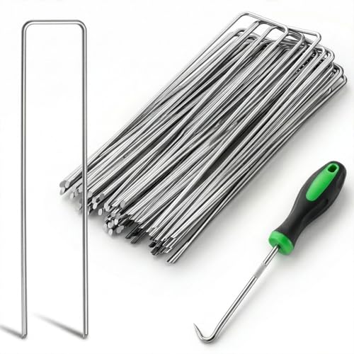Mr.DIY Garden Stakes 50 Pack 6/150mm Weed Membrane Pegs with Pick Hook Heavy Duty Galvanised U-Shaped Garden Pegs for Weed Membrane Artificial Grass Mesh Netting & Landscape Fabric